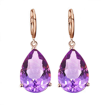 Rose gold necklace with a teardrop purple gemstone pendant and matching dangle earrings. - Image 7