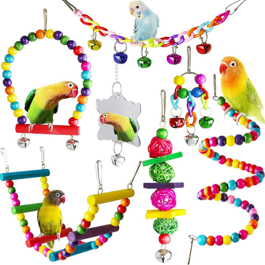 7-piece set of colorful wooden parrot toys with bells, including swings, perches, and chew toys for bird cages. - Image 2
