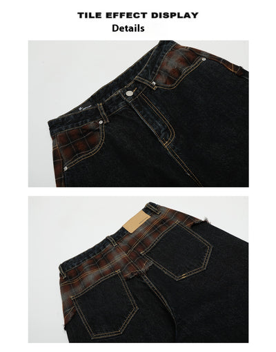 Jeans Retro Patchwork Cuadros Azules para Mujer Corte Recto y Holgado - Image 10