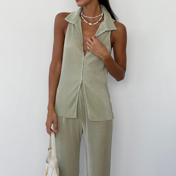 Conjunto Elegante: Blusa sin Mangas y Pantalón Plisado de Cintura Alta - Image 3