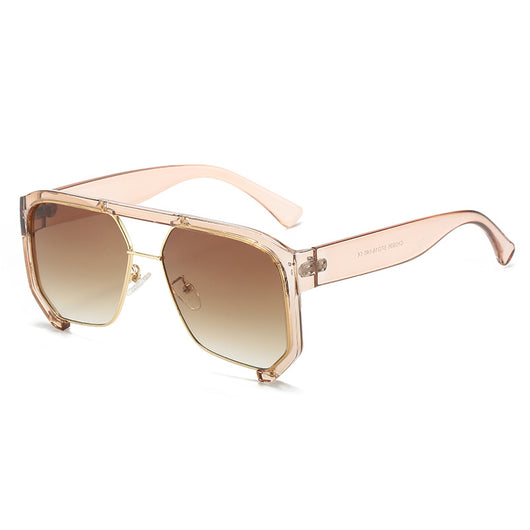 Black frame large rim hip hop sunglasses with gradient purple lenses and a gold-tone double bridge. - Image 9