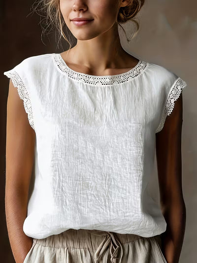 Blusa Suelta de Lino y Algodón sin Mangas con Encaje - Image 6