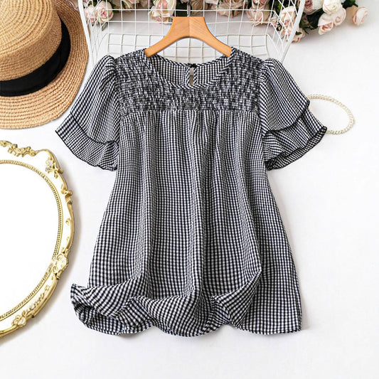Blusa Bohemia de Lino Cuello Redondo Talla Grande Efecto Reductor