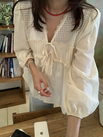 Blusa Elegante Retro con Escote V y Detalles de Malla - Diseño Holgado Versátil - Image 14