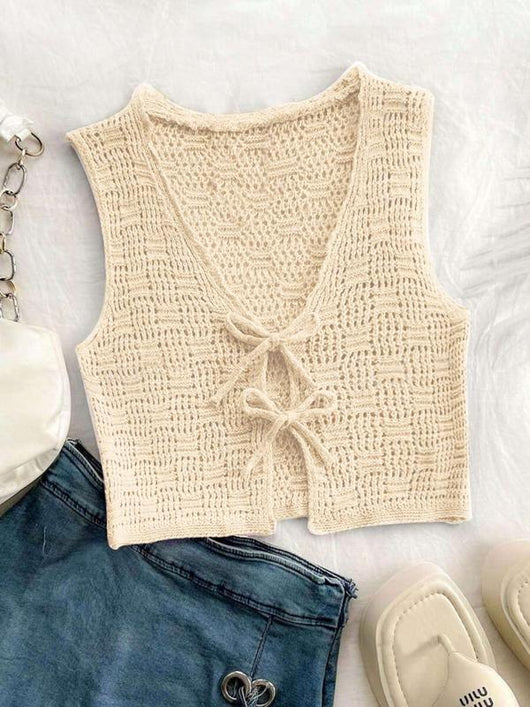 Chaleco Tejido Anudado de Color Liso para Mujer - Estilo Casual Crochet - Image 4