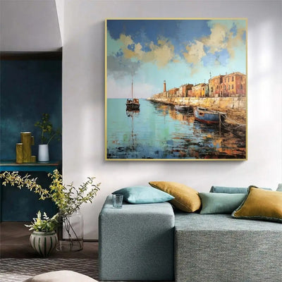 Cuadro Óleo Abstracto Paisaje Muelle con Bote - Arte Mural Personalizado Grandes Dimensiones - Image 5