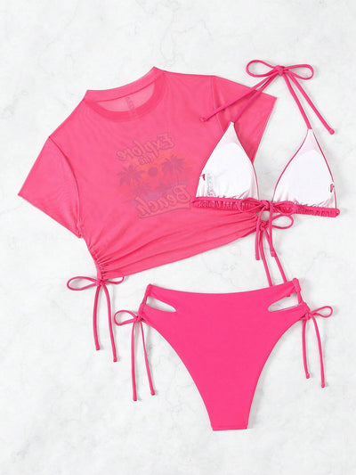 Black three-piece swimsuit with a mesh crop top featuring an "Explore the Beach" graphic, bikini top, and high-waisted bottoms. - Image 12
