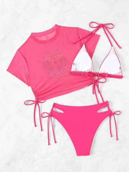 Black three-piece swimsuit with a mesh crop top featuring an "Explore the Beach" graphic, bikini top, and high-waisted bottoms. - Image 12