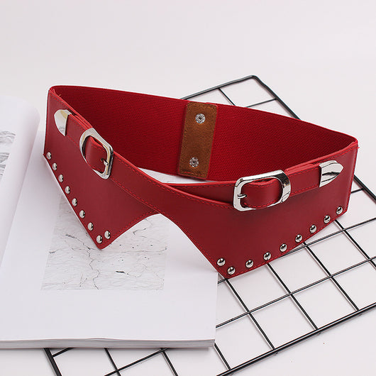 Camel elastic wide belt with silver-toned buckles and rivets, featuring a V-shaped faux leather front. - Image 6