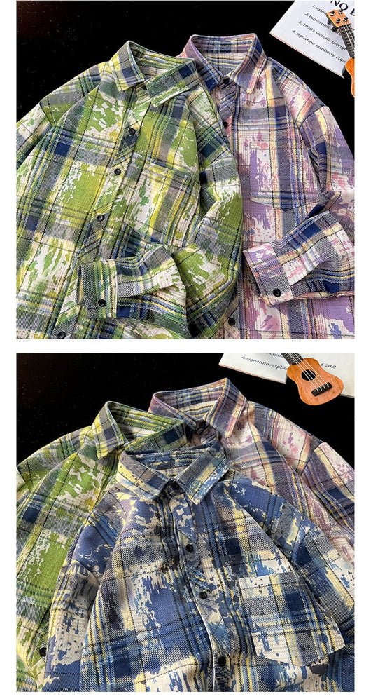 Camisa Holgada Cuadros Degradado con Estampado y Teñido - Image 12
