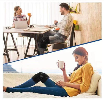Black electric heating kneecap cover with hot compress massage, shown on a leg with a hand pressing the power button, indicating heat. - Image 10