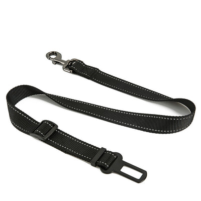 Red pet seat belt with reflective stitching, featuring a metal swivel clip and a black car seat belt buckle. - Image 21