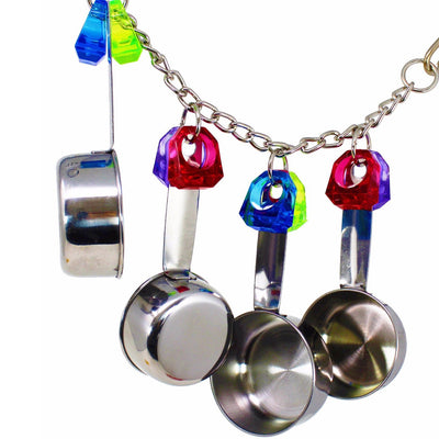 Stainless steel four-pot string toy for birds, featuring colorful plastic links and measuring cup-like pots. - Image 2