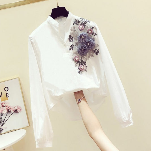 Blusa Casual de Cuello en V y Manga Larga para Mujer - Blanco Versátil