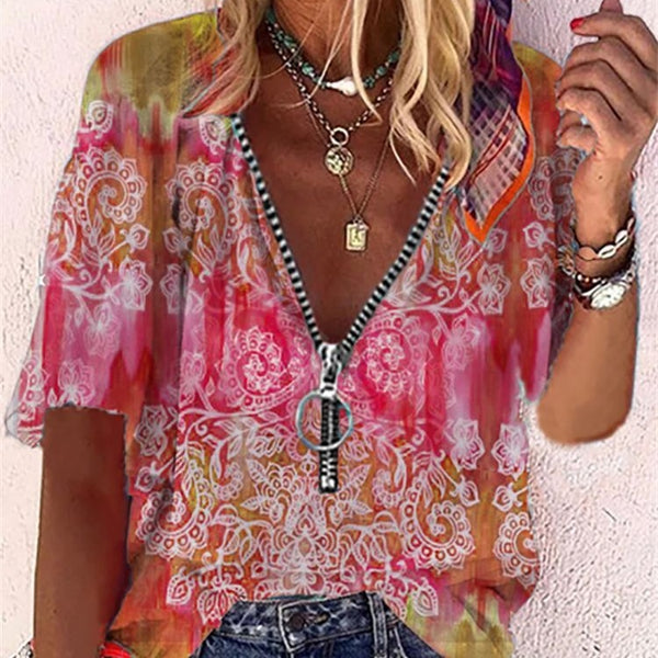 Playera Suelta con Cierre y Estampado para Mujer