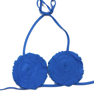 Blue three-piece bikini set with floral appliques on the triangle top, thong bottom, and matching ruched maxi skirt. - Image 26