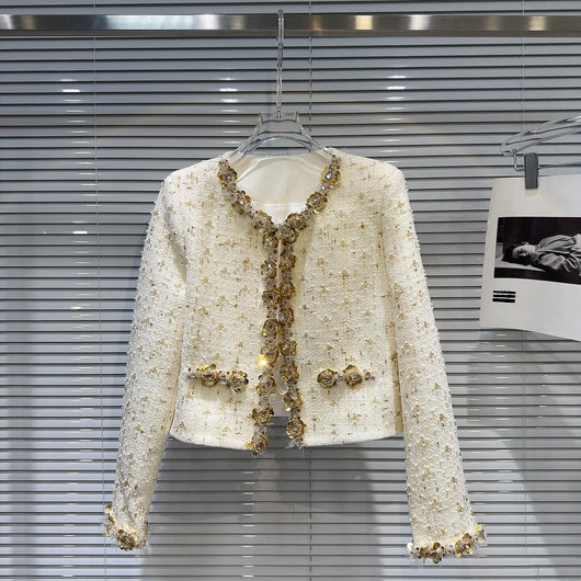 Abrigo Tweed Corto Lujo con Detalles de Flores y Perlas - Image 11