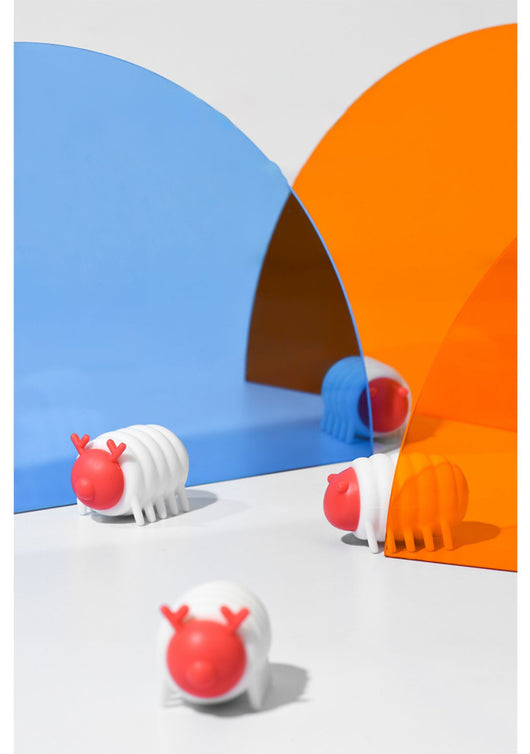White and red interactive cat toy shaped like a segmented caterpillar with small legs and antennae. - Image 13