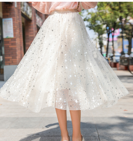 Falda Plisada Fluida Mesh Estrella Dulce Largo Medio