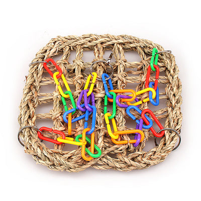 Colorful bird swing with a woven grass net and multi-colored plastic chains, designed for parrots and other birds. - Image 5