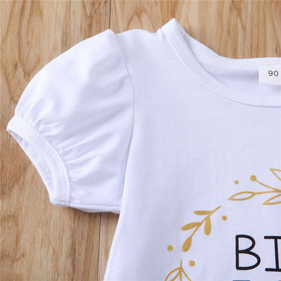 White 'Big Sister' top with floral skirt and 'Little Sister' bodysuit with floral pants and hat, matching sibling outfits. - Image 4