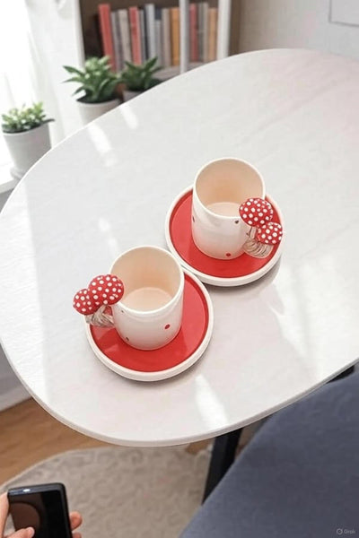 Juego de Tazas de Cerámica Artesanal con Asas de Champiñón para Desayunos Acogedores - Image 3