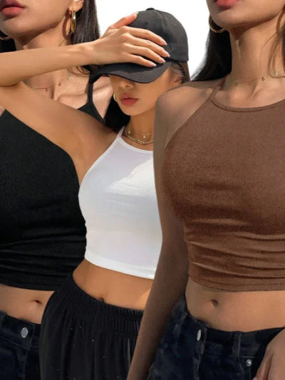 Set of 3 Women's Basic Halter Tops - Versatile Crop Cut