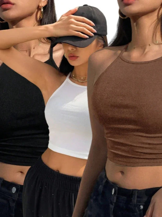 Set of 3 Women's Basic Halter Tops - Versatile Crop Cut