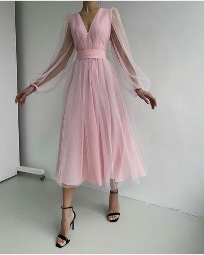 Vestido Largo Ajustado con Escote Profundo y Mangas Puff de Malla - Image 7
