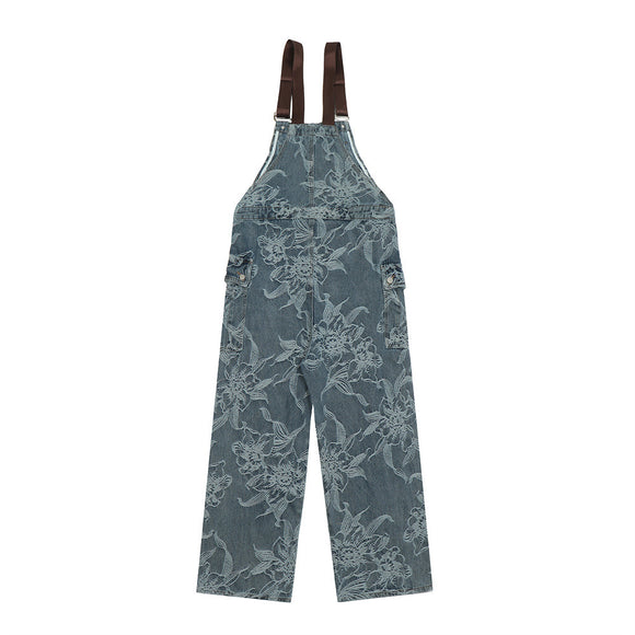 Pantalón Denim con Tirantes y Estampado Floral para Hombre