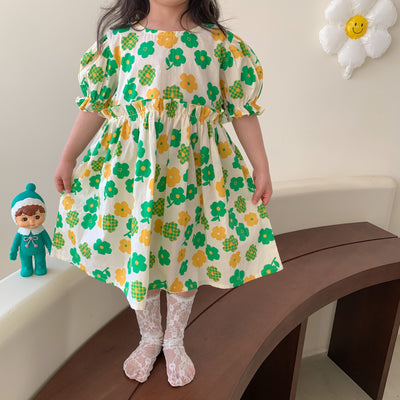 Vestido Infantil Floral de Manga Corta Estilo Princesa