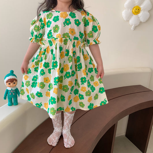 Vestido Infantil Floral de Manga Corta Estilo Princesa