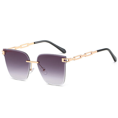 Frameless oversized square sunglasses with brown gradient lenses and gold-tone metal temples, featuring decorative black studs. - Image 5
