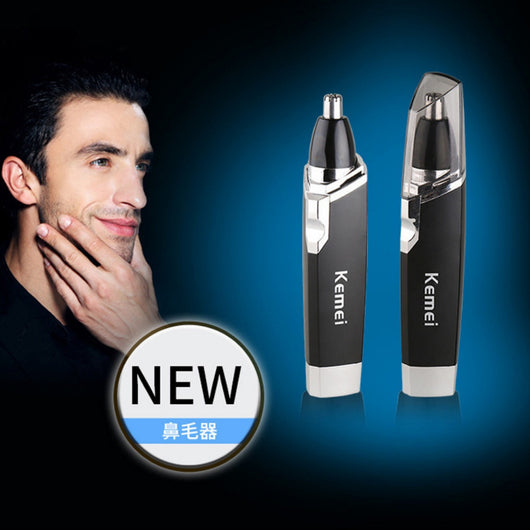 Black and silver Kemei KM-6512 dry battery electric nose hair trimmer with a sleek design.