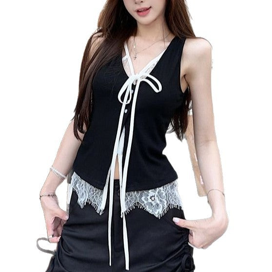Top Elegante Sin Mangas con Encaje Falso Dos Piezas Negro - Image 5