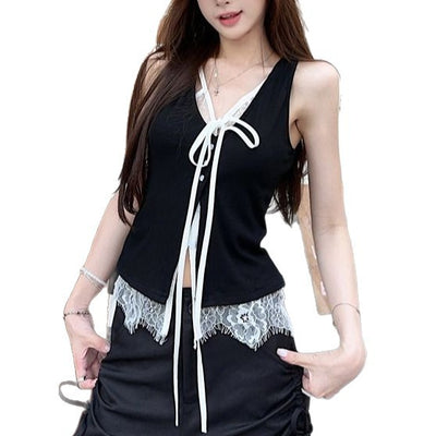 Top Elegante Sin Mangas con Encaje Falso Dos Piezas Negro - Image 5