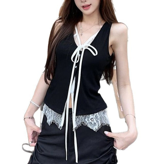 Top Elegante Sin Mangas con Encaje Falso Dos Piezas Negro - Image 5