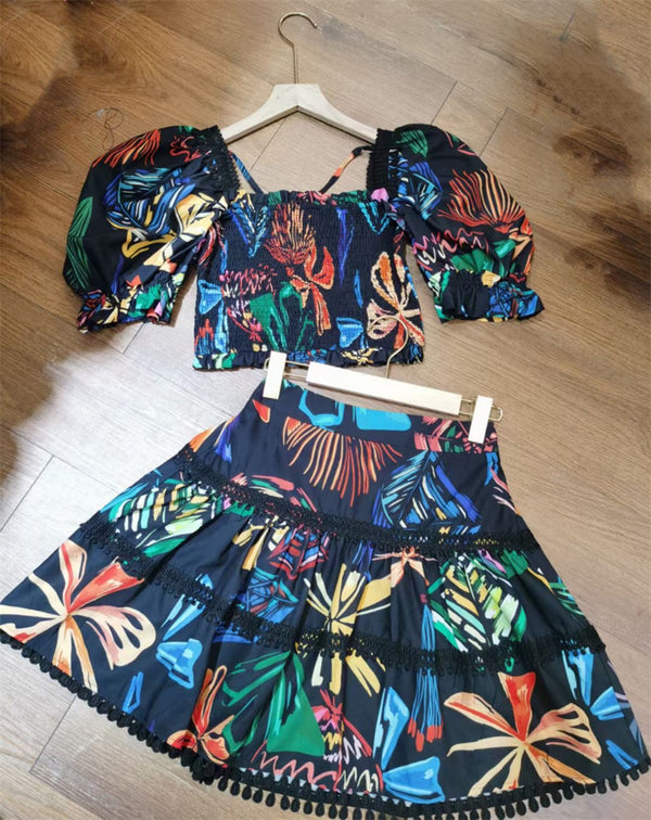 Conjunto Falda y Blusa Estampada con Cuello Cuadrado y Mangas Abullonadas - Image 10