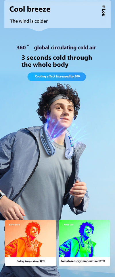 Ocean blue portable neck fan with digital display, showing 100 fan speed, designed for outdoor sports and personal cooling. - Image 14