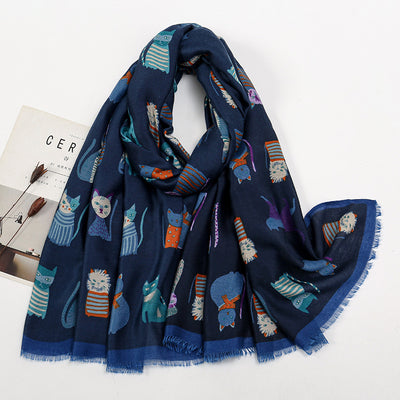 Bufanda Larga de Otoño e Invierno con Gato Cartoon - Poliéster Suave para Mujer - Image 4