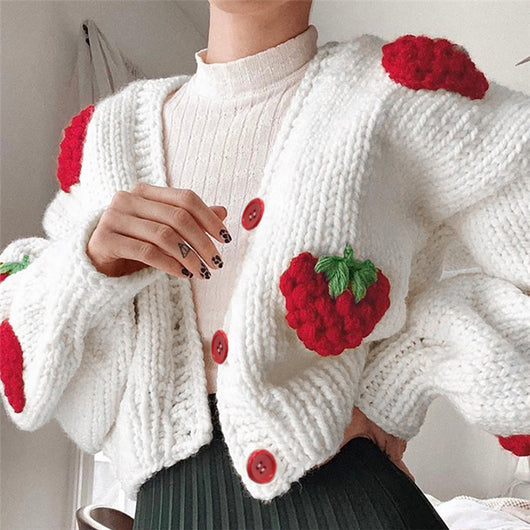 Cardigan Suelto con Fresa Cute para Mujer - Escote en V - Image 8