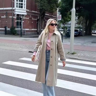 Abrigo Tipo Polo Trench Coat para Mujer Beige Abotonado Simple - Image 3