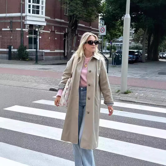 Abrigo Tipo Polo Trench Coat para Mujer Beige Abotonado Simple - Image 3