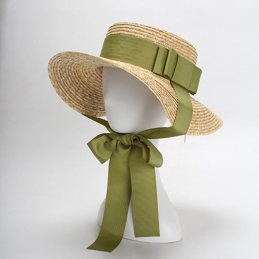 Sombrero de Paja para Mujer con Lazo Verde - Diseño Plano Elegante