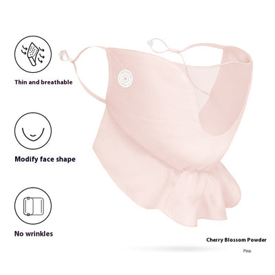 Pink chiffon sun mask with ear hooks, ruffled bottom, and mesh panel for UV protection. - Image 6