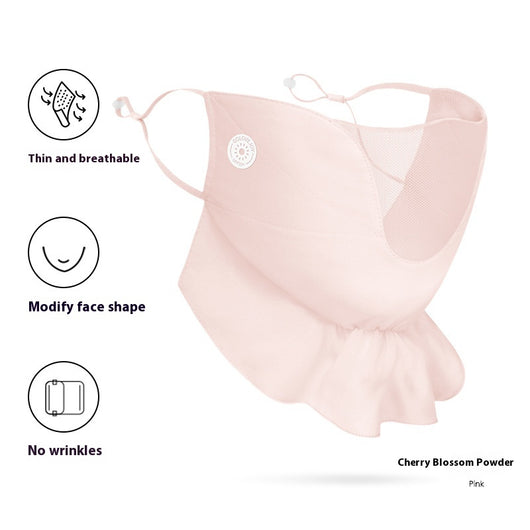Pink chiffon sun mask with ear hooks, ruffled bottom, and mesh panel for UV protection. - Image 6