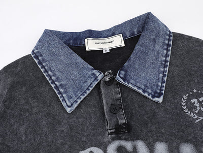Playera Denim Lavada con Estampado de Letras y Contraste de Colores - Image 5