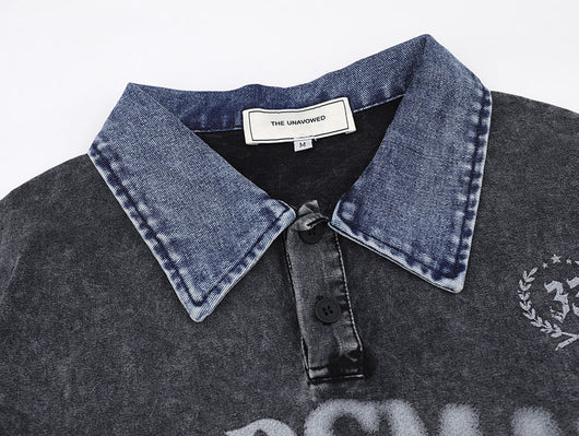 Playera Denim Lavada con Estampado de Letras y Contraste de Colores - Image 5