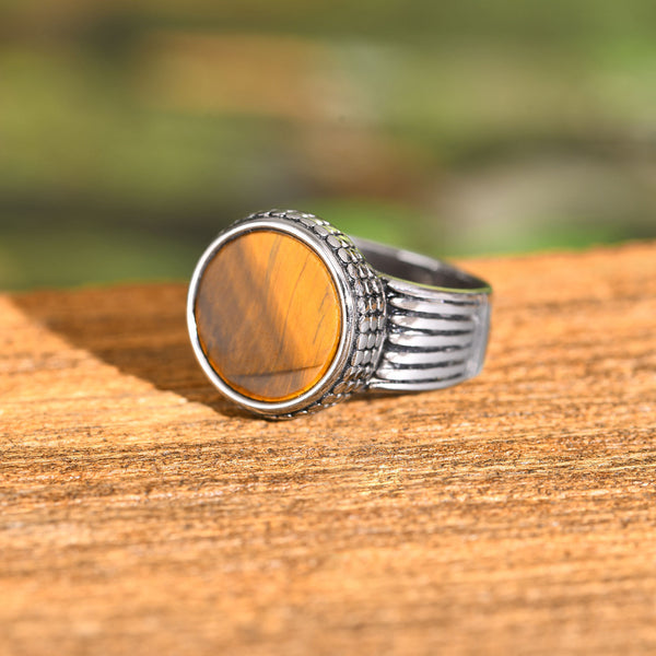 Anillo Vintage Acero Inoxidable Ojo de Tigre para Hombre