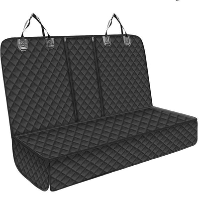 Black quilted car seat cover for dogs, shown with a golden retriever, protecting the rear seat from water and dirt. - Image 5